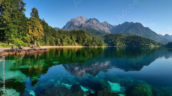 Fototapeta Clear mountain lake at sunrise, calm water mirrors sharp peaks and pine forest with rich blue and green color