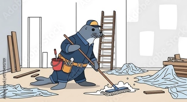 Fototapeta A cartoon seal in blue overalls mopping a messy floor in a room under construction with a ladder