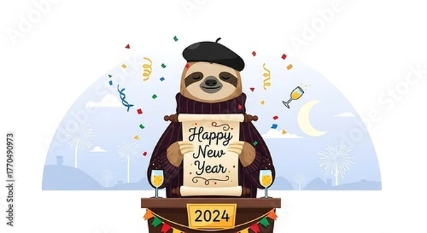 Fototapeta A cartoon sloth wearing a beret, holding a scroll with "Happy New Year" and 2024. Confetti and fireworks surround