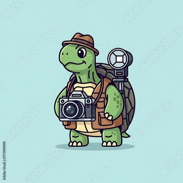 Fototapeta A cartoon tortoise dressed in explorer's gear, holding a camera, with a flash mounted to its shell
