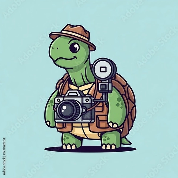 Fototapeta A cartoon tortoise with a hat and camera gear, ready to take photos, sporting a tan vest, and brown shell