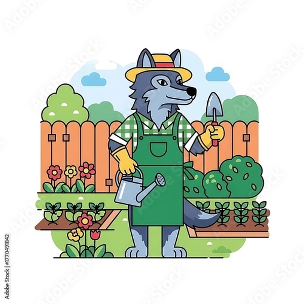 Fototapeta A cartoon wolf in gardening attire holds tools. He stands in a colorful garden with a fence, flowers, and vegetables