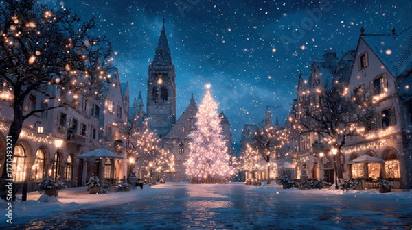 Fototapeta Enchanted winter village sparkles under a starry sky with a grand Christmas tree illuminating the festive atmosphere