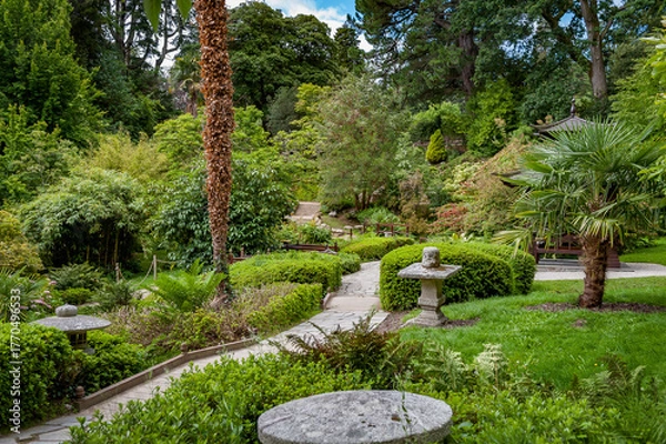 Obraz Japanese style garden with ponds, footpaths, small wooden bridges and lush green vegetation in Powerscourt gardens. Enniskerry, Wicklow, Ireland.
