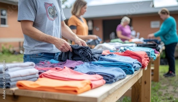 Obraz Volunteers sorting through colorful stacks of donated clothing at an outdoor charity event.