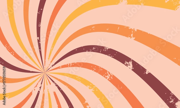 Fototapeta Retro spiral background with warm orange, yellow, and brown swirl lines in a distressed 70s style with grunge texture