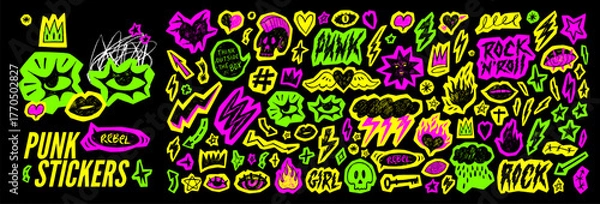 Fototapeta Neon colored y2k punk sticker collection. Crayon drawn rock and roll icons, punk text stickers. Marker scribbly rock grunge doodles for scrapbook, collage and zine design. Fire, lightning and hearts.