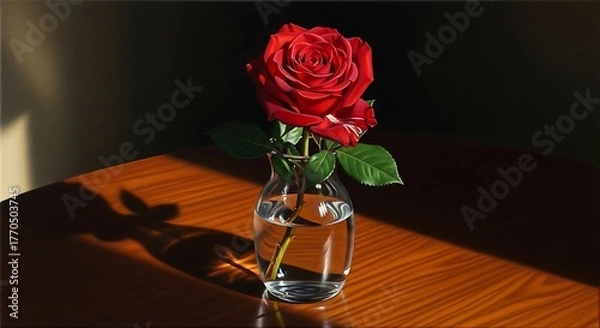 Obraz elegant red rose in a glass vase with soft light and wooden background, romantic minimalism still life
Title: Red rose in a glass vase on wooden table.