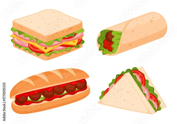 Fototapeta A colorful vector illustration set featuring four delicious sandwich varieties: a classic square, a meatball sub, a tortilla wrap, and a club sandwich