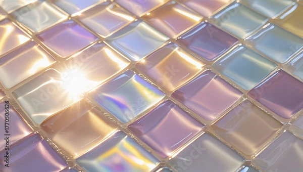 Fototapeta Iridescent tiles with golden hour light for luxury background designs. Perfect for premium branding, architectural visuals, and elegant websites.