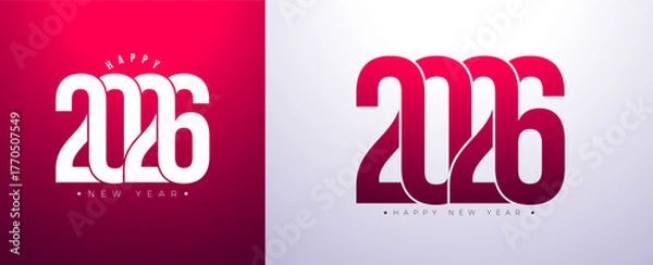 Fototapeta Happy New Year 2026 Logo Typography Design with Abstract Number on White and Red Background. Christmas Holiday Greeting Card Illustration with Typography Lettering for Calendar, Flyer, Banner