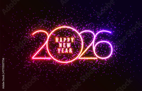 Fototapeta Happy New Year 2026 Greeting Card Design with Glowing Neon Light Typography Lettering on Dark Sparkle Background. Vector Christmas Holiday Season Illustration for Calendar, Celebration Poster, Party