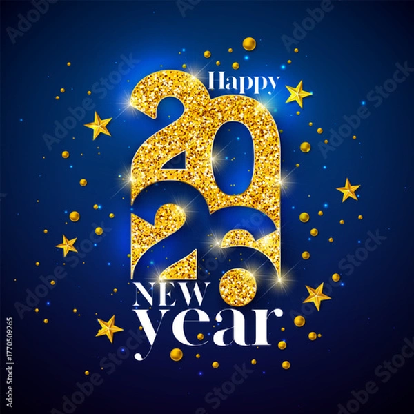 Fototapeta 2026 Happy New Year Greeting Card Illustration with Gold Glittered Typography Number and Christmas Stars on Shiny Blue Background. New Year Celebration Holiday Design with Christmas Ornaments for