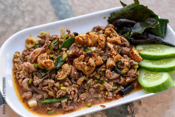 Fototapeta Spicy minced meat salad (Larb) with herbs, crispy pork, and cucumber on a white plate.