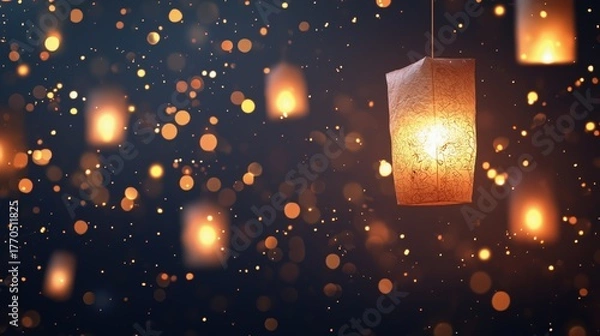 Fototapeta Elegant Mahayana New Year festival background, glowing paper lanterns floating in the night sky, golden sparkles, soft bokeh lights,