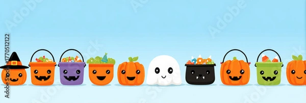 Fototapeta Cheerful halloween banner illustration with cute pumpkin, ghost, and monster character. fun row of smiling candy bucket designs for happy trick or treat celebration
