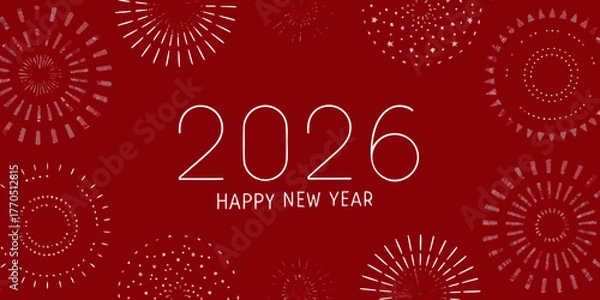 Fototapeta Happy new year 2026 with festive white fireworks on a deep red background