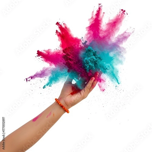 Fototapeta Vibrant colorful powder explosion bursting from open hand on white
