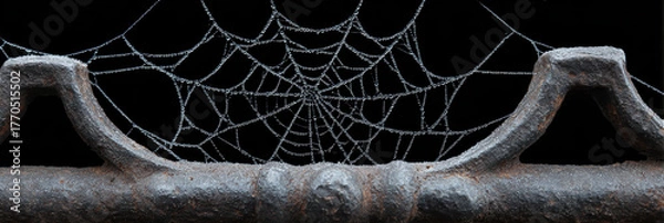 Fototapeta Spooky and creepy spiderweb spun on an old abandoned metal object. dark cobweb with black background, perfect for scary halloween theme, creates mysterious mood