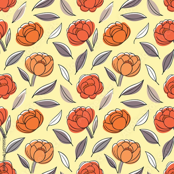 Obraz Doodle peony flower and leaf pattern yellow ground