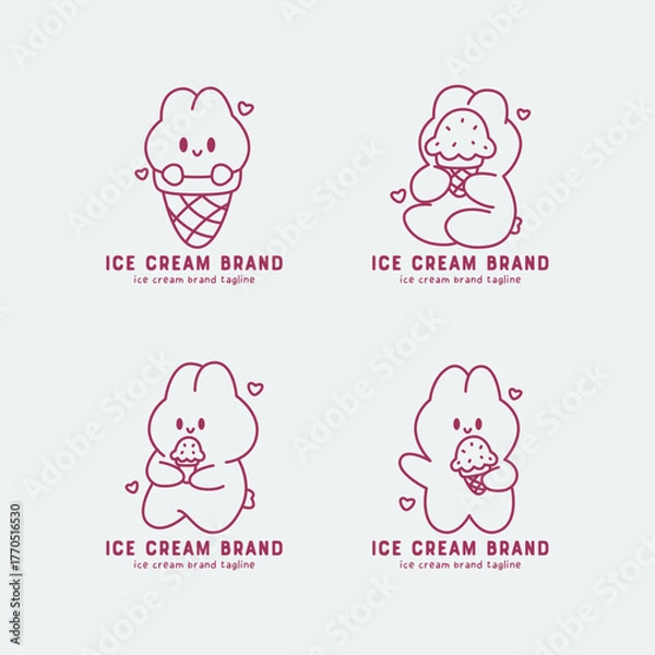 Obraz Adorable ice cream logo set featuring cute bunny characters holding cones and shaped like ice cream. Pink monoline illustration for dessert branding and sweet shop identity.
