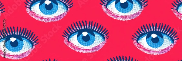 Fototapeta Surprising surreal pattern of repeating wide blue eye illustration with long eyelash on vibrant red background. This psychedelic, retro, pop art wallpaper design is seamless