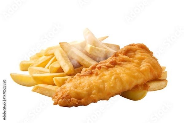 Obraz Golden battered fish fillet served with crispy french fries and coleslaw isolated on transparent background