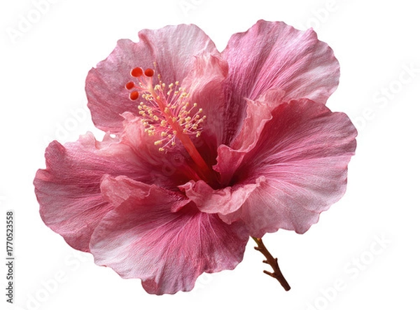 Fototapeta Delicate pink hibiscus bloom with detailed stamen, isolated against black, showcasing petal texture and vibrant colors