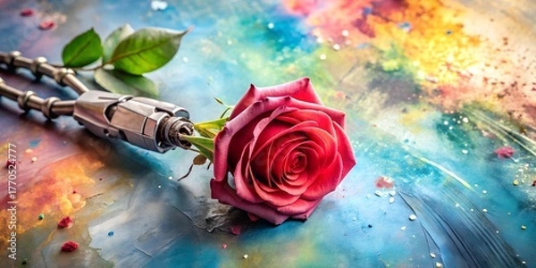 Obraz Red rose attached to a robotic arm on a colorful abstract background