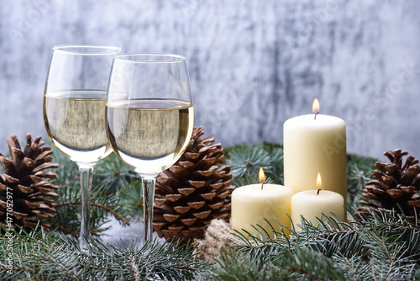 Obraz New Year card  design with two glass-wine, candles and christmas tree