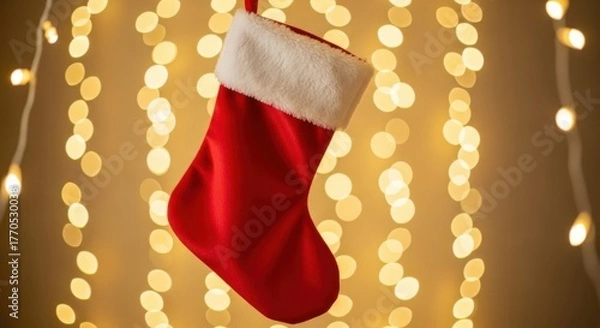 Fototapeta A red christmas stocking with a white cuff hangs against a backdrop of blurred golden lights, creating a festive and cozy holiday atmosphere