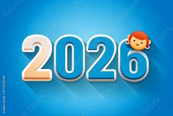 Fototapeta Cute monkey peeking over the number 2026 on a blue background