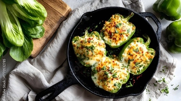 Fototapeta Stuffed Bell Peppers with Cheese and Herb Topping in Cast Iron Skillet