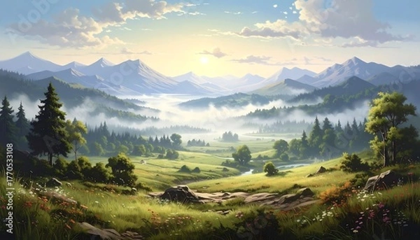 Obraz A serene panoramic painting depicting a sunlit meadow in a mountain valley, with a winding river and lush trees