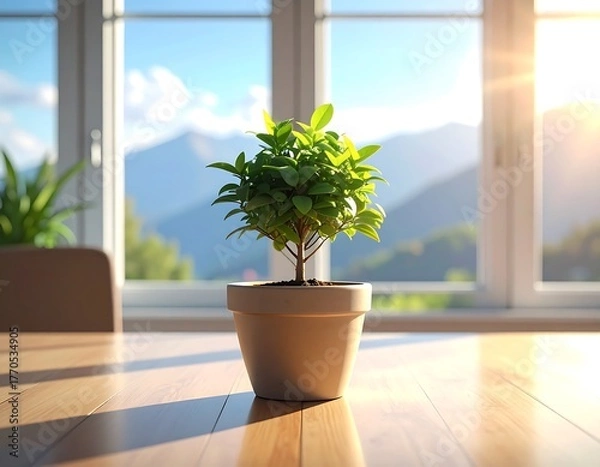 Fototapeta A small potted plant sits on a wooden surface in front of a bright window with a view of mountains under sunlight