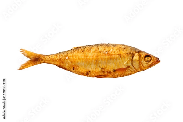 Obraz Single golden dried fish with detailed scales and fins isolated on transparent background
