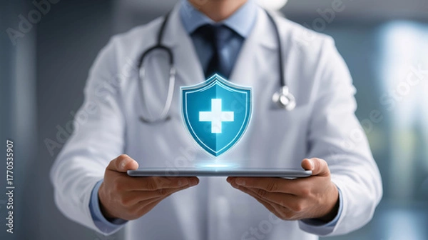 Obraz Doctor presenting digital health coverage solutions in a modern office environment