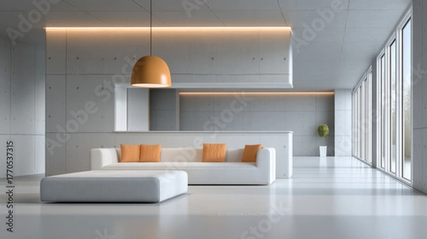Fototapeta Modern minimalist living room with white sofa, orange cushions, pendant lamp, large windows, and concrete walls, creating bright atmosphere