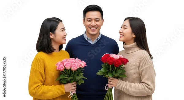 Fototapeta Man with two women holding roses isolated on transparent background