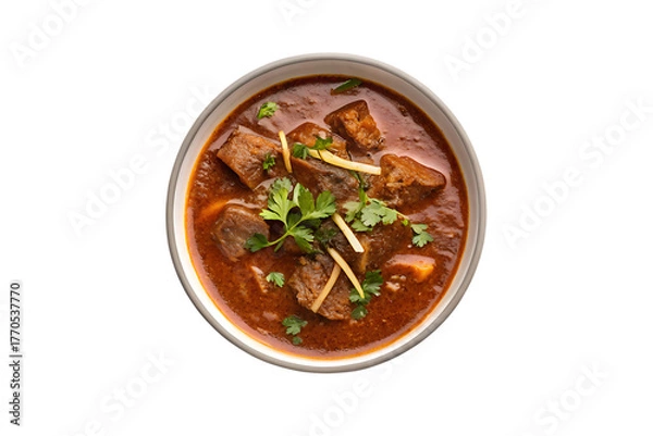 Obraz Delicious indian beef curry dish garnished with fresh cilantro and ginger isolated on transparent background