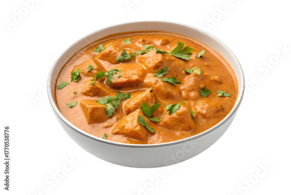 Obraz Delicious indian chicken tikka masala served in a white bowl isolated on transparent background