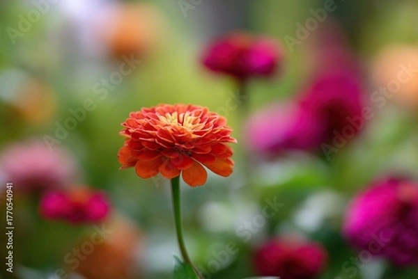 Fototapeta The bright zinnia serves as the focal point, highlighting the natural beauty of the petals, while the blurred background adds depth and focus to the subject.