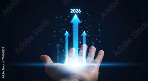 Obraz Hand reaching up towards glowing arrows and the year 2026 symbolizing growth