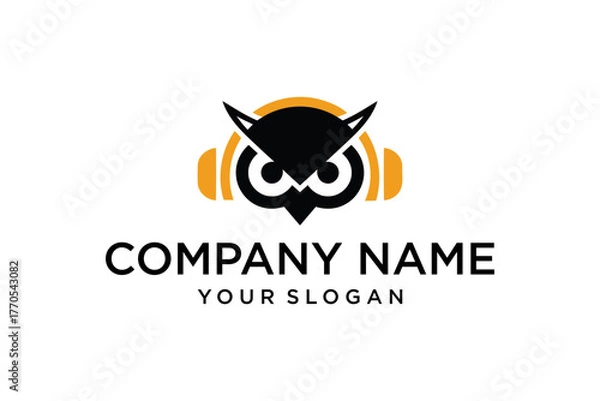 Fototapeta Modern Owl Head with Headphones Logo Design for Audio and Education