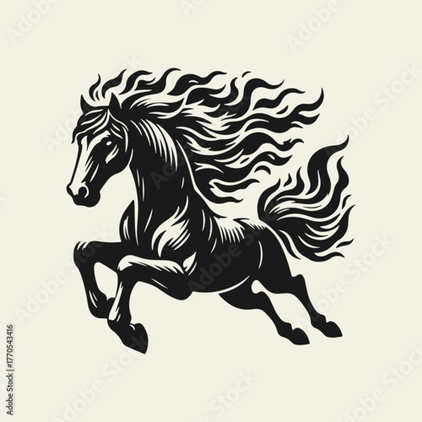 Fototapeta Black and white flat vector illustration of a galloping horse with a fiery mane and tail. Dynamic burning symbol for 2026 designs, logos and decorations.
