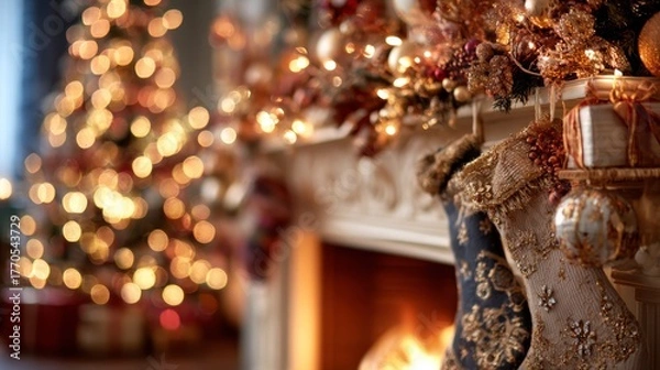 Obraz Cozy Christmas Fireplace with Decorated Tree and Warm Glow