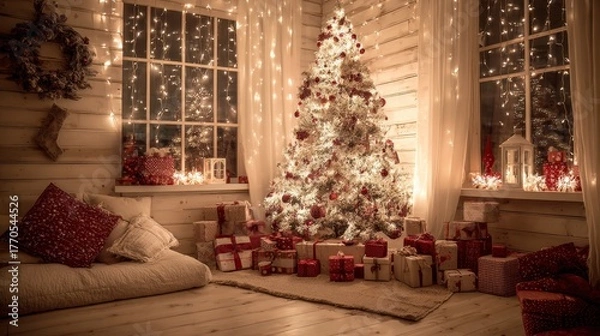 Obraz Cozy Christmas Room with Decorated Tree and Presents at Night