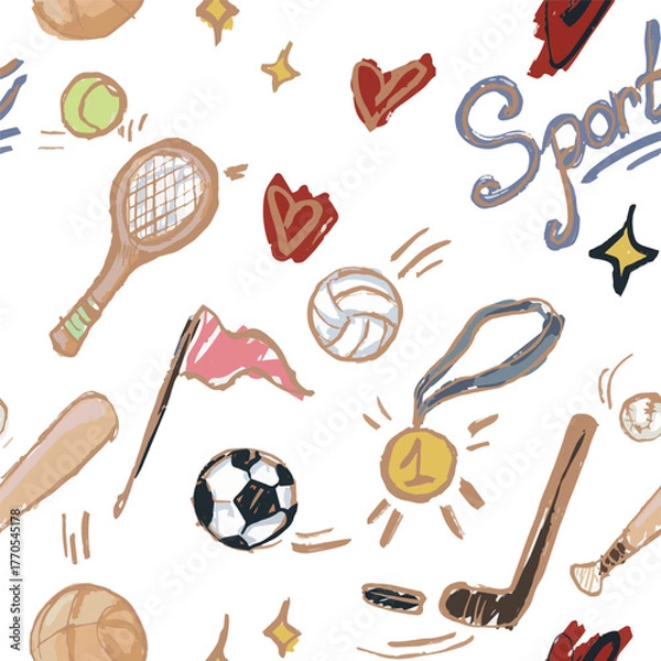 Fototapeta Seamless pattern with sport elements. Doodle Hand draw marker texture. Balls, football, hockey, tennis racket, basketball, medal, flag.