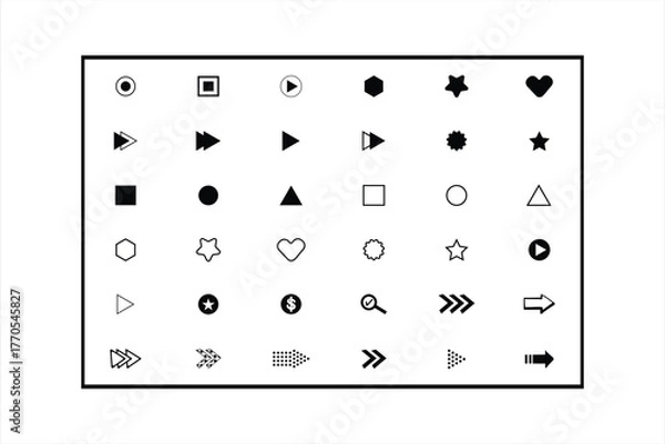 Obraz Bullet points.List icon set with geometric shapes , arrows, stars, hearts in out line style. Minimal user interface for apps website infographics.