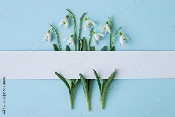 Obraz Snowdrops and green shoots on blue background with white banner